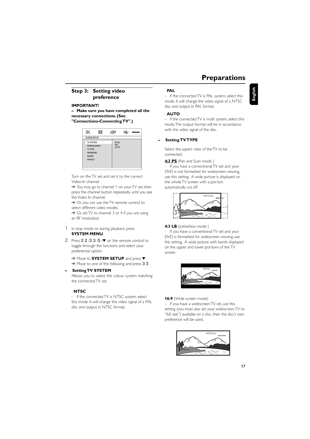 Philips MCD190/55 manual Setting video preference, System Menu, Ntsc, Pal, Auto 