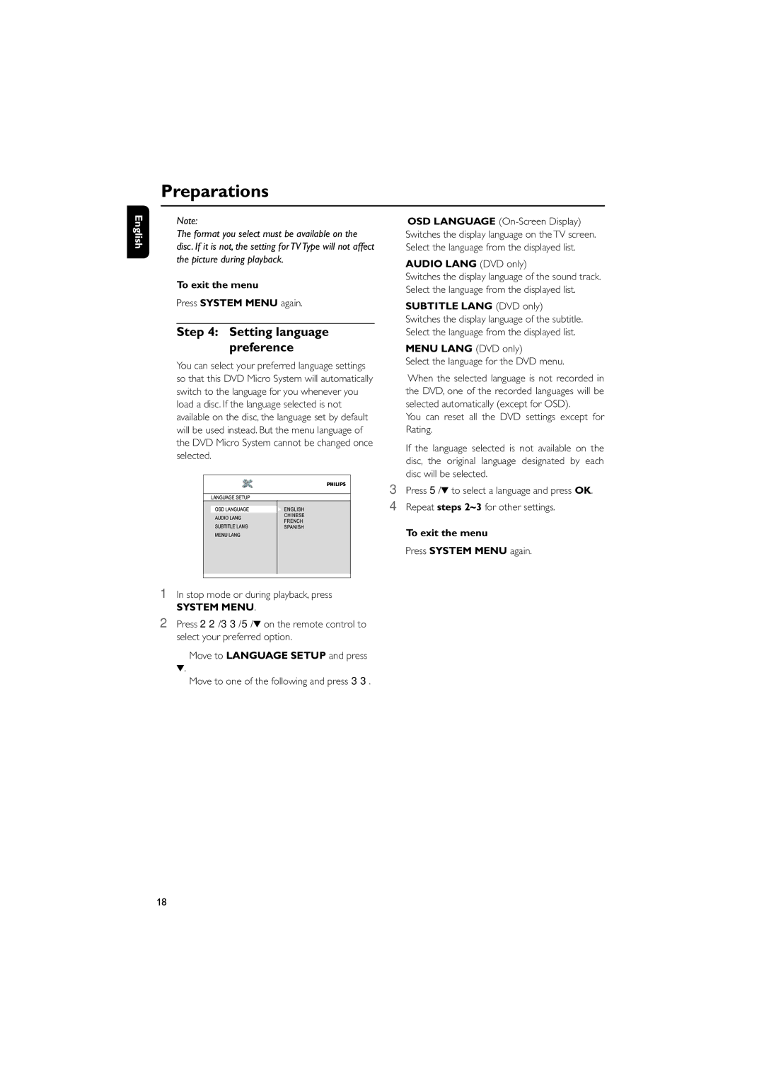 Philips MCD190/55 manual Setting language preference, To exit the menu, Audio Lang DVD only, Subtitle Lang DVD only 