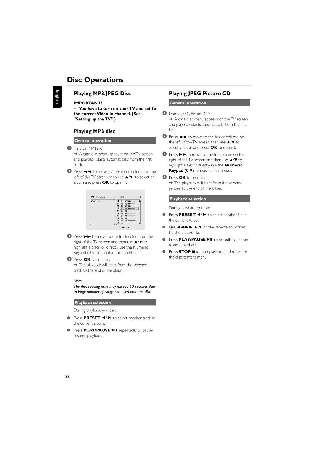 Philips MCD190/55 manual Playing MP3/JPEG Disc, Playing MP3 disc, General operation, Playback selection 