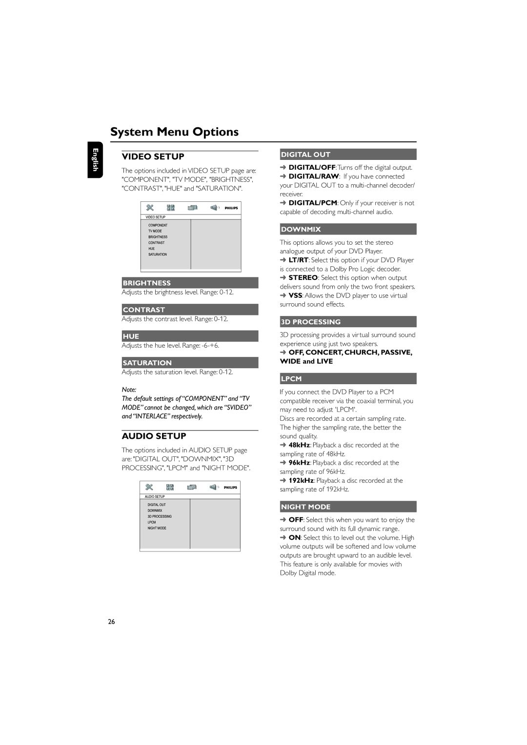 Philips MCD190/55 manual Digital OUT, Brightness, Contrast, Hue, Saturation, Downmix, 3D Processing, Lpcm, Night Mode 