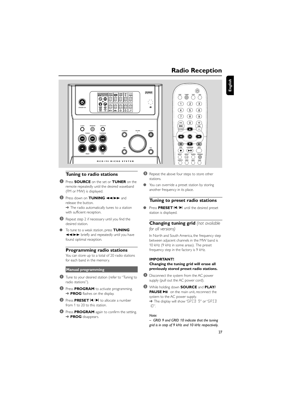 Philips MCD190/55 Radio Reception, Tuning to radio stations, Programming radio stations, Tuning to preset radio stations 