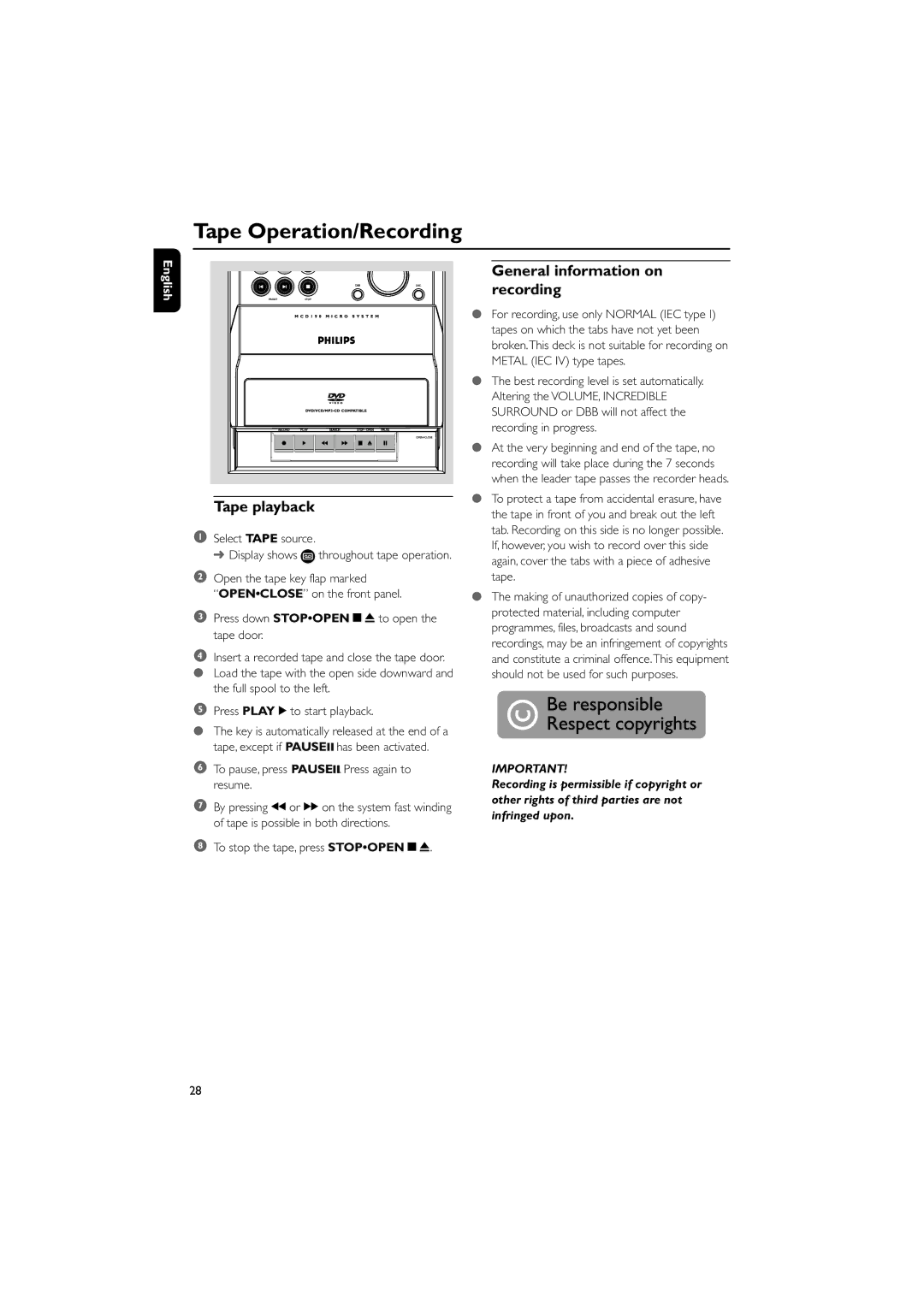 Philips MCD190/55 manual Tape Operation/Recording, Tape playback, General information on recording 