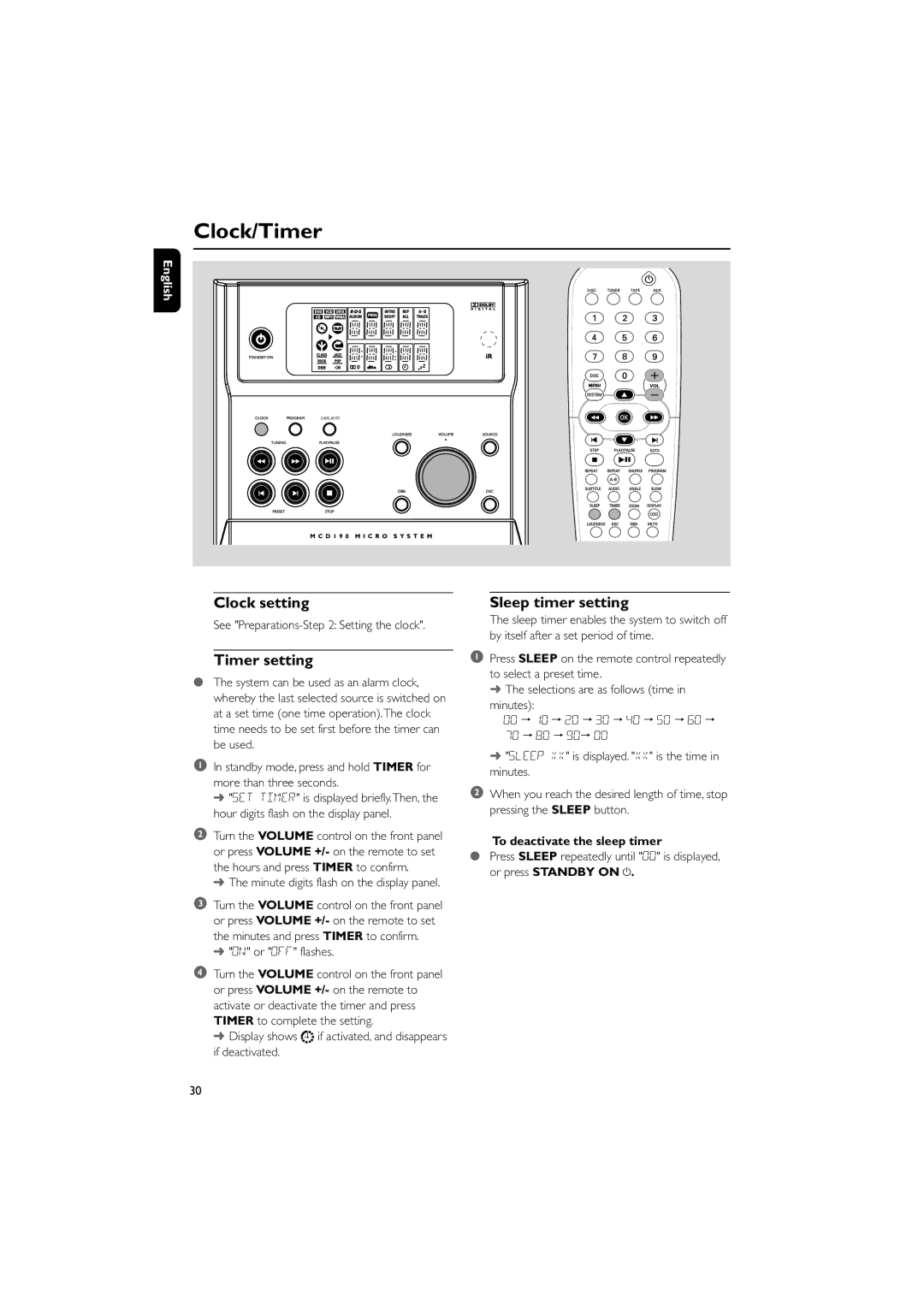 Philips MCD190/55 manual Clock/Timer, Clock setting, Timer setting, Sleep timer setting, To deactivate the sleep timer 