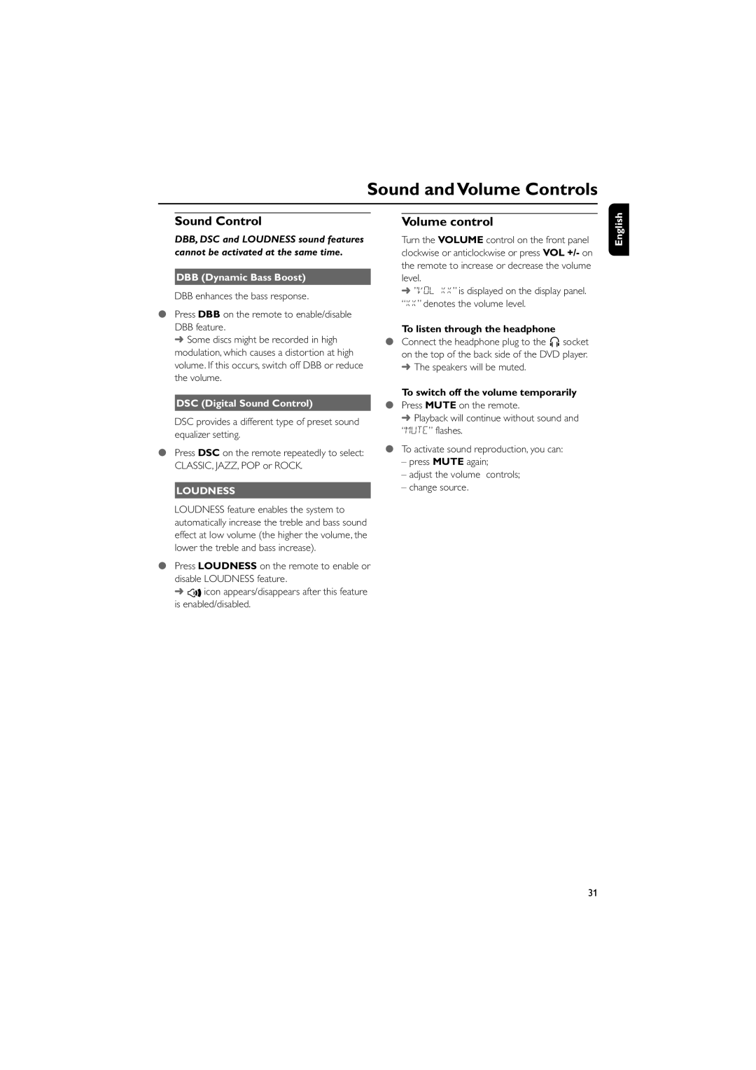 Philips MCD190/55 manual Sound and Volume Controls, Sound Control, Volume control, Loudness 