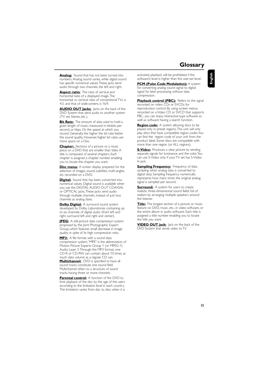 Philips MCD190/55 manual Glossary, English 