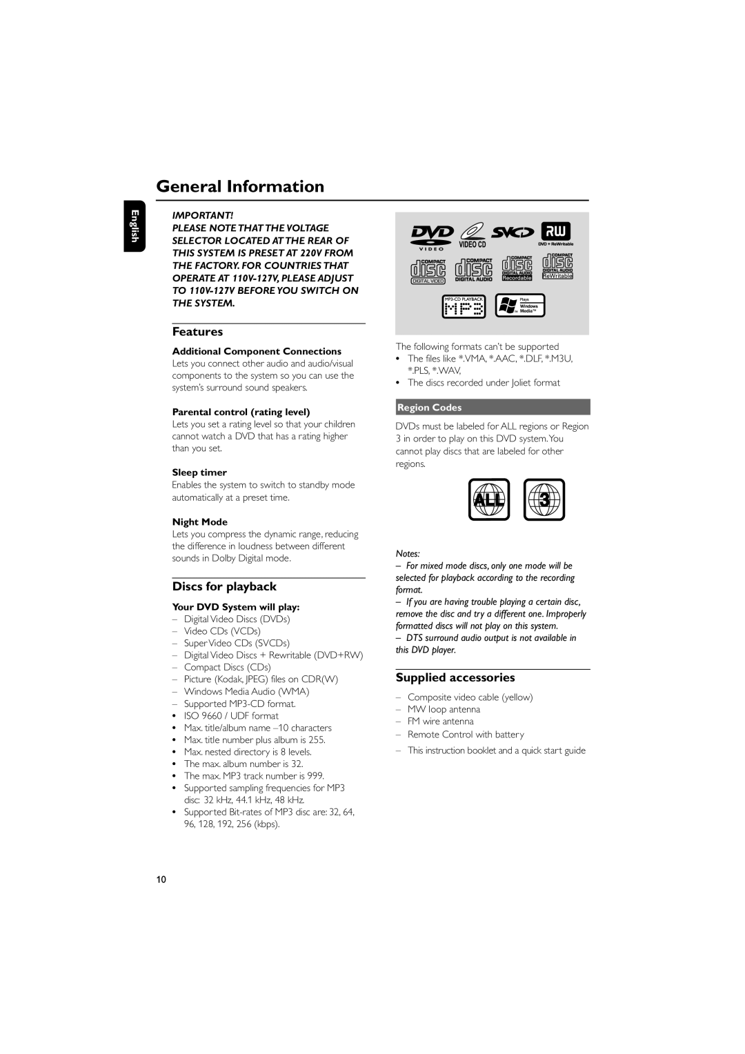 Philips MCD196 user manual General Information, Features, Discs for playback, Supplied accessories, Region Codes 