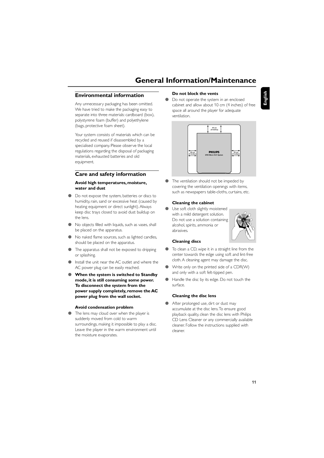 Philips MCD196 user manual General Information/Maintenance, Environmental information, Care and safety information 