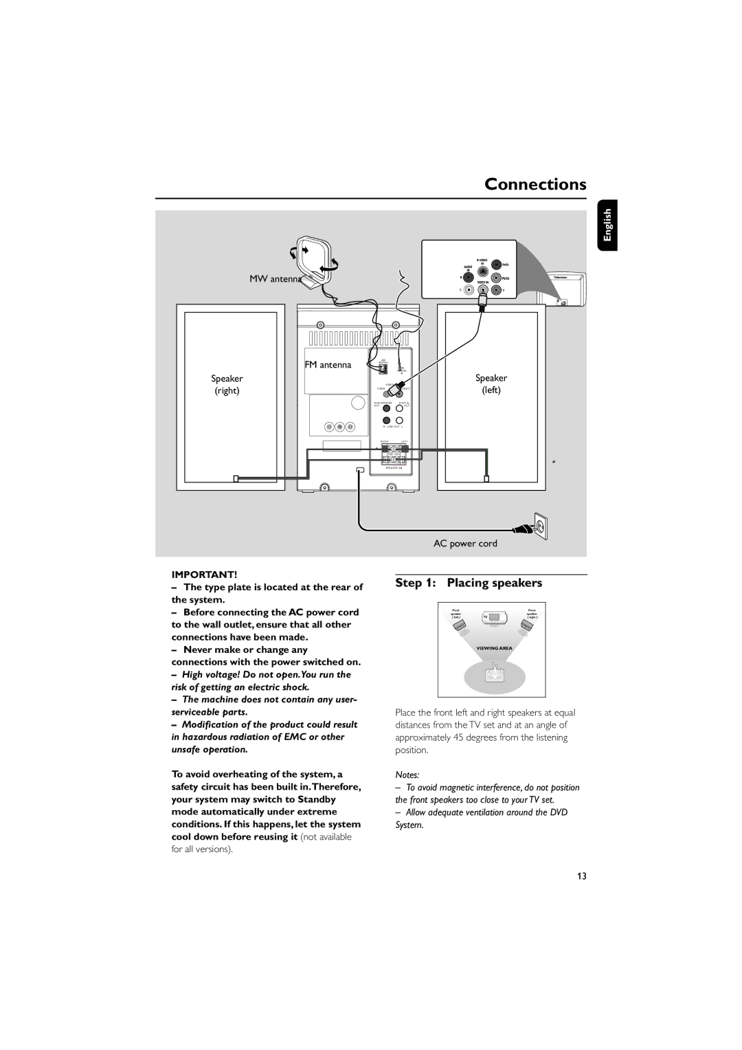 Philips MCD196 user manual Connections, Placing speakers, Type plate is located at the rear of the system 