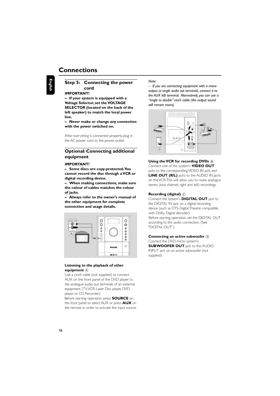 Philips MCD196 user manual Connecting the power cord, Optional Connecting additional equipment 