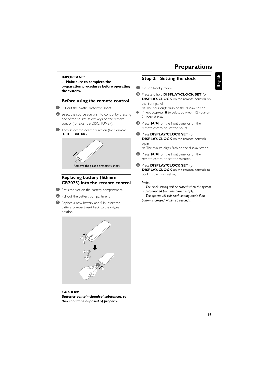 Philips MCD196 Preparations, Before using the remote control, Replacing battery lithium CR2025 into the remote control 