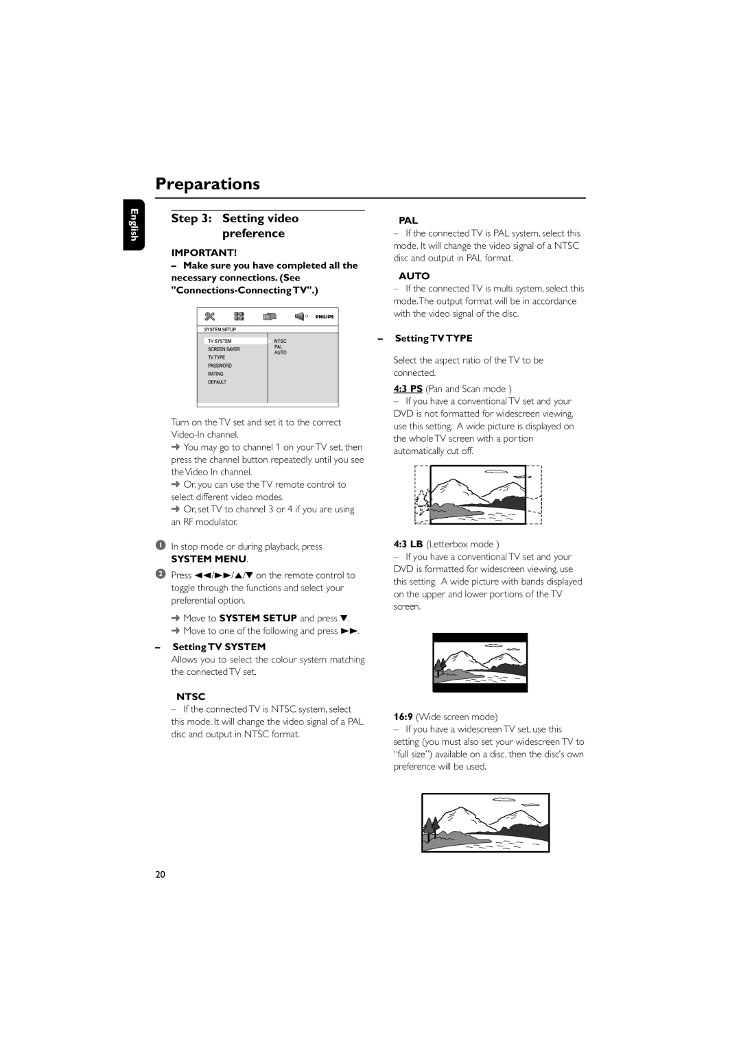 Philips MCD196 user manual Setting video preference, Pal, Auto, System Menu, Ntsc 