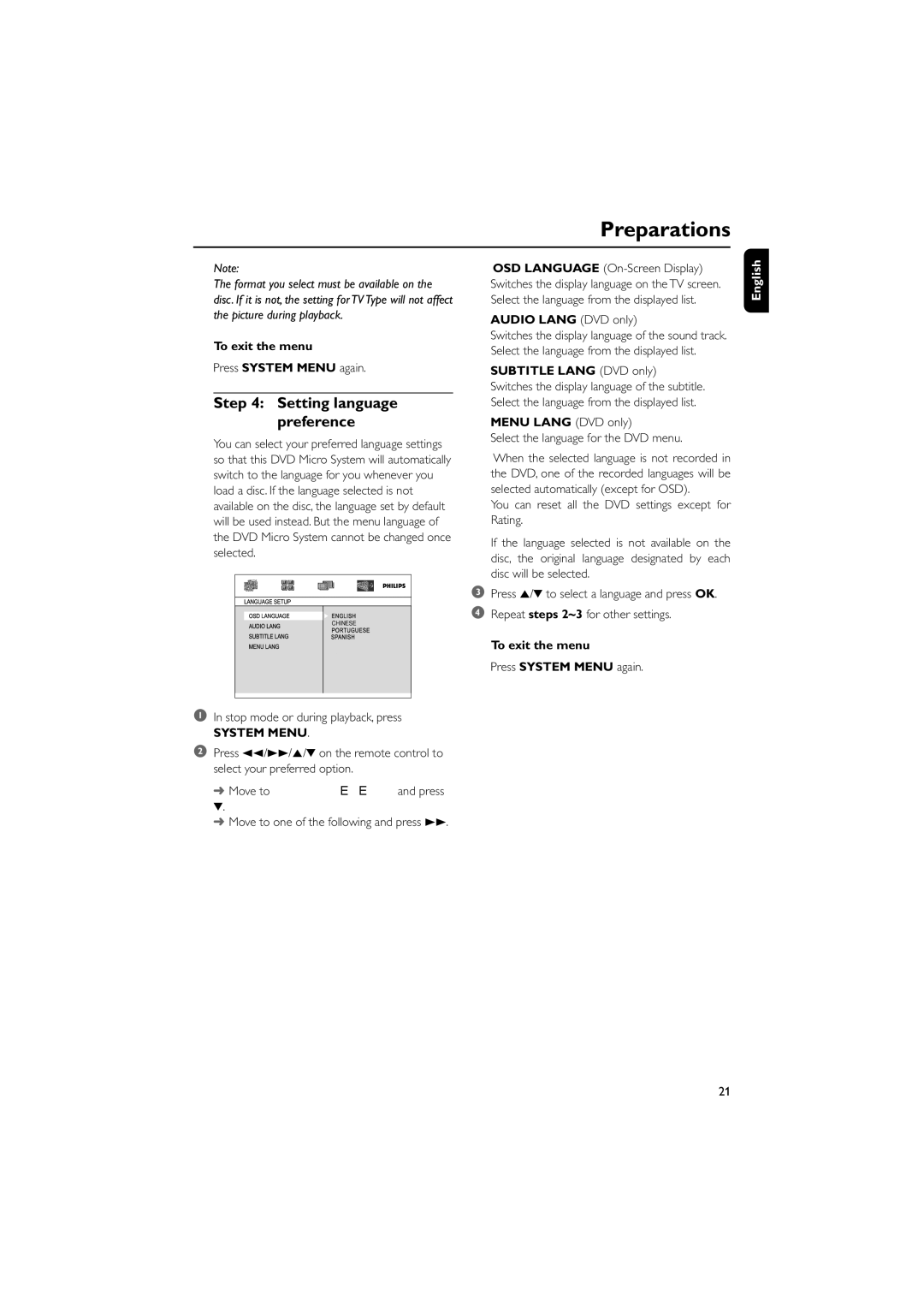 Philips MCD196 user manual Setting language preference, To exit the menu, Audio Lang DVD only, Subtitle Lang DVD only 