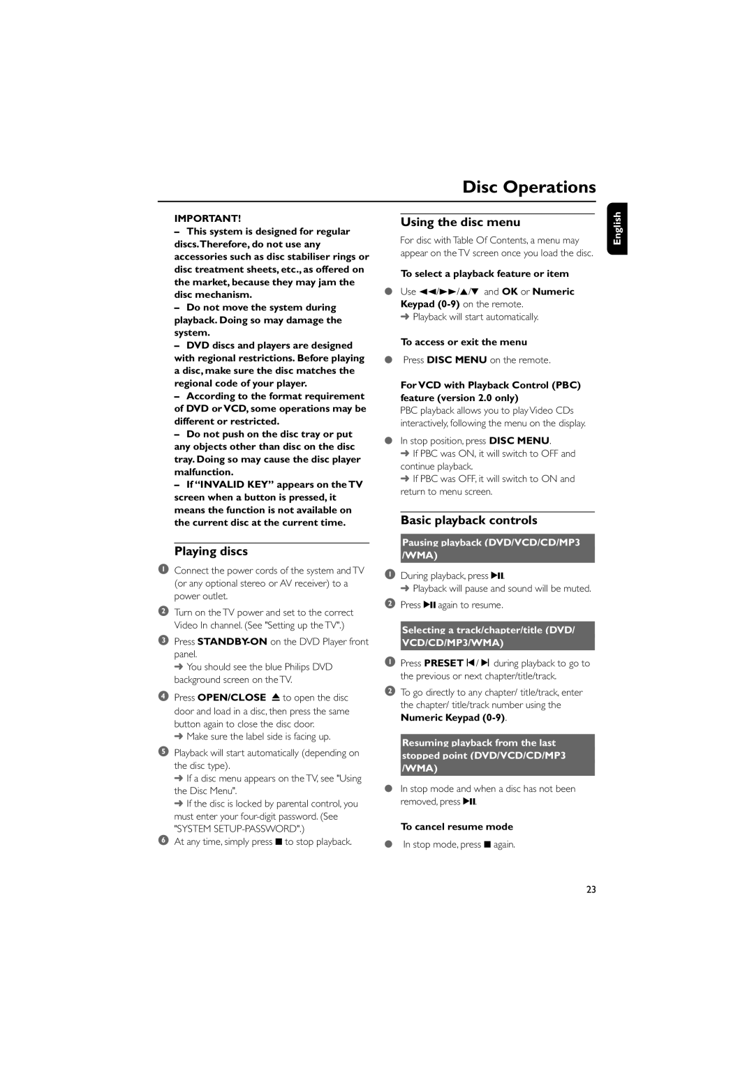 Philips MCD196 user manual Disc Operations, Playing discs, Using the disc menu, Basic playback controls 