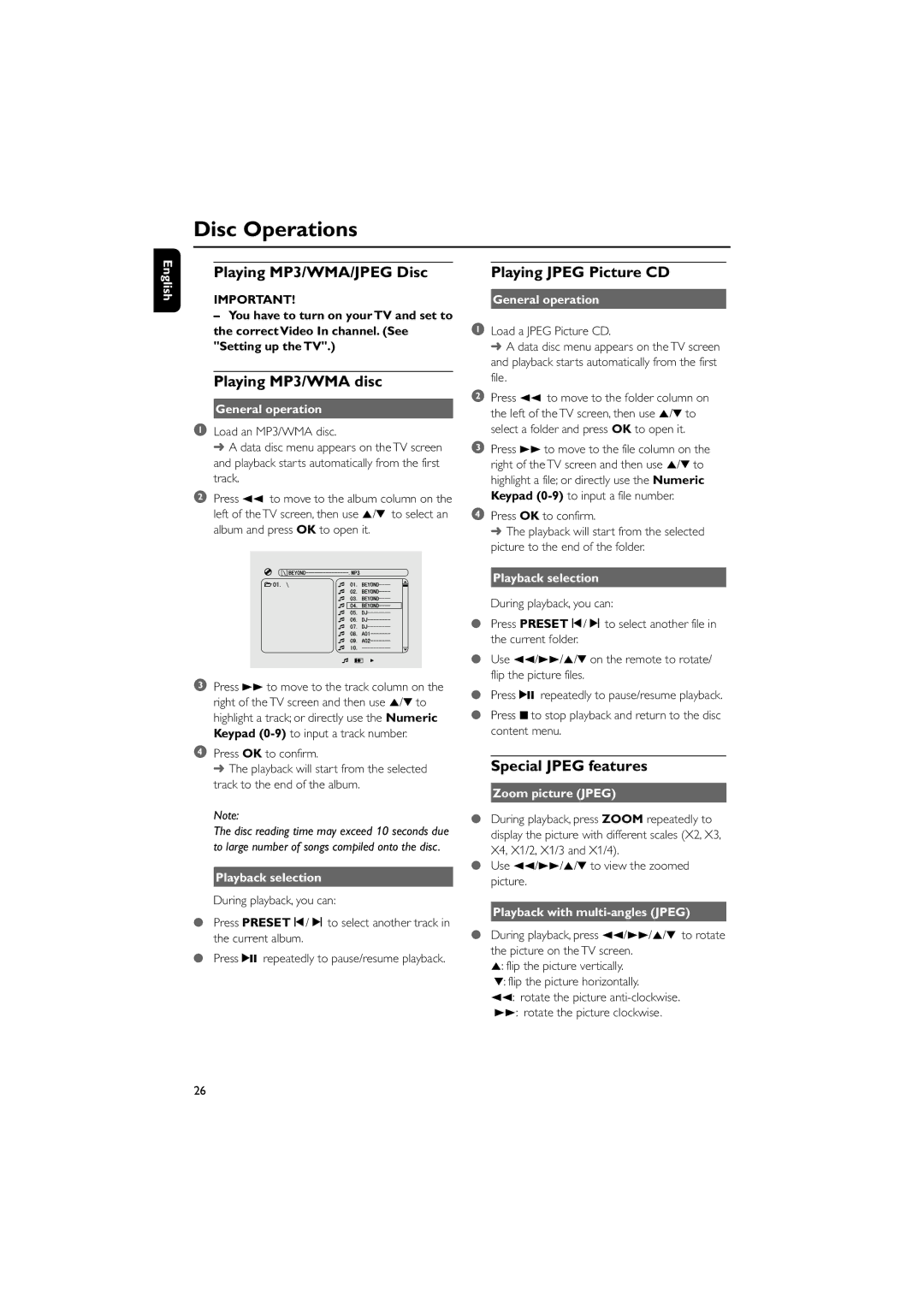 Philips MCD196 user manual Playing MP3/WMA/JPEG Disc, Playing MP3/WMA disc, Playing Jpeg Picture CD, Special Jpeg features 