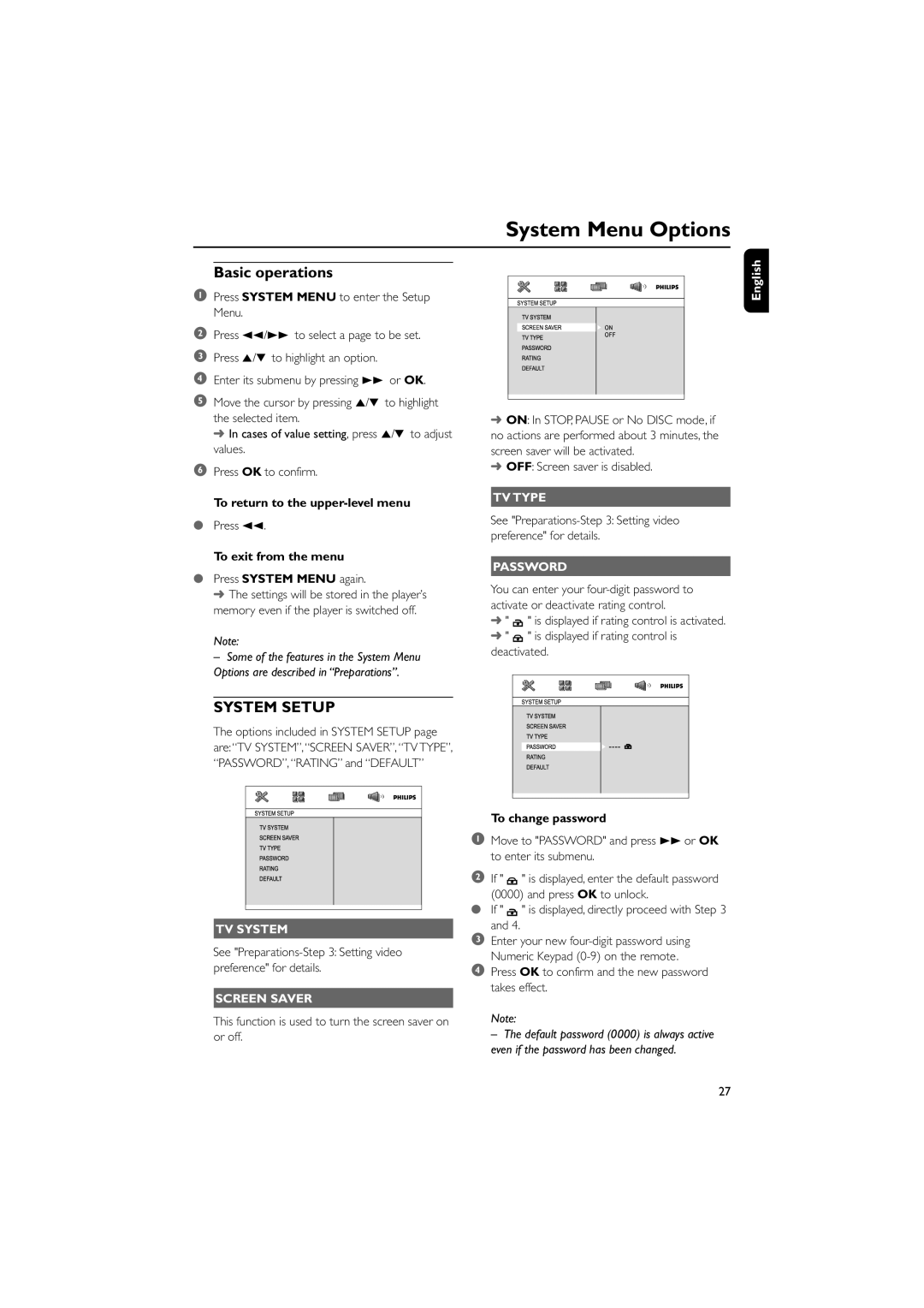 Philips MCD196 user manual System Menu Options, Basic operations 