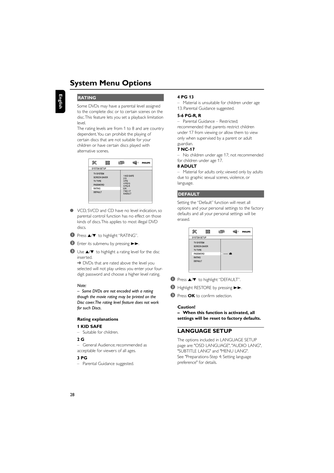 Philips MCD196 user manual Rating, KID Safe, Adult, Default 