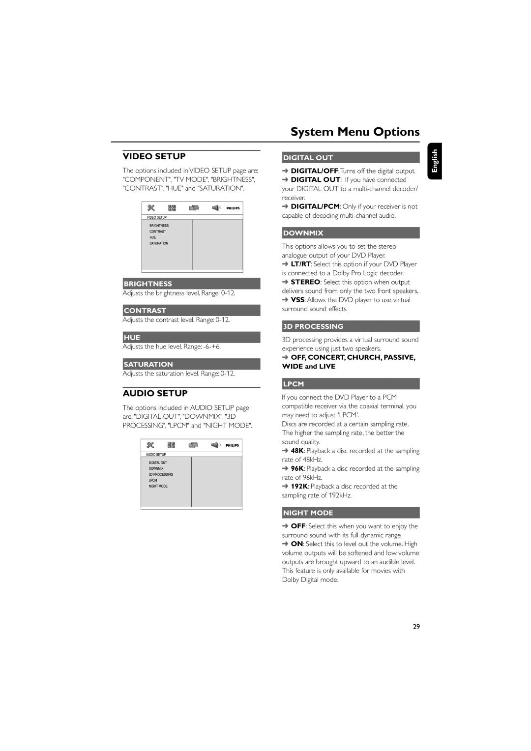 Philips MCD196 user manual Digital OUT, Brightness, Contrast, Hue, Saturation, Downmix, 3D Processing, Lpcm, Night Mode 