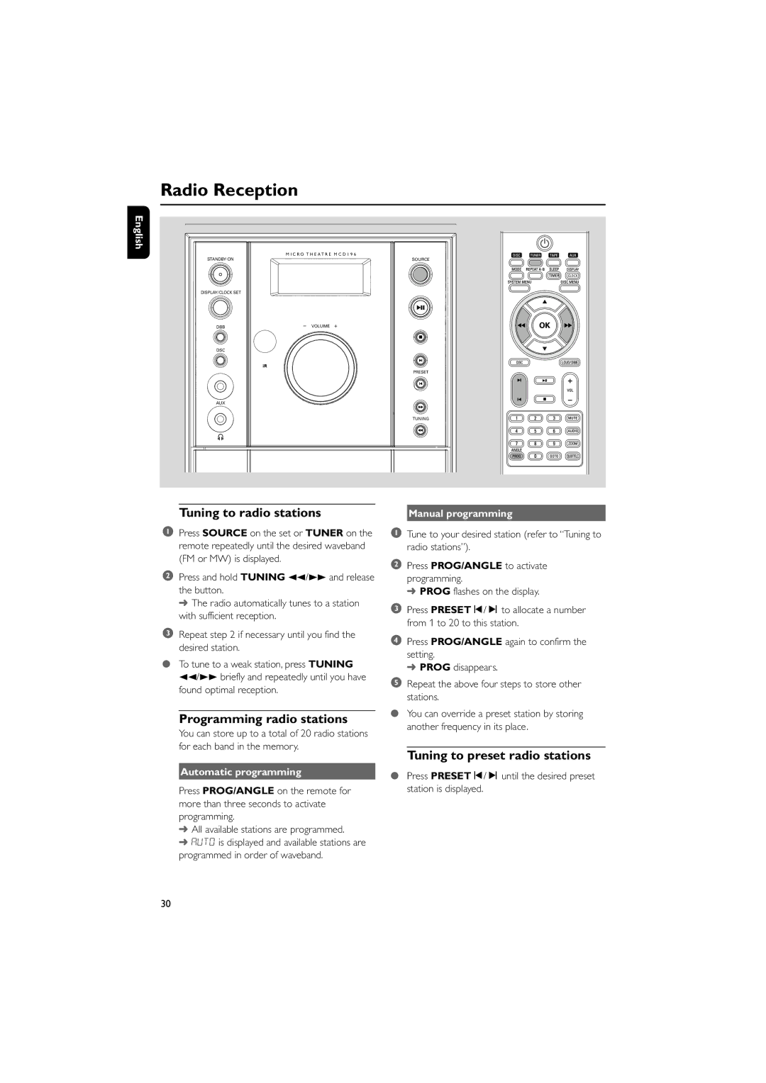 Philips MCD196 Radio Reception, Tuning to radio stations, Programming radio stations, Tuning to preset radio stations 