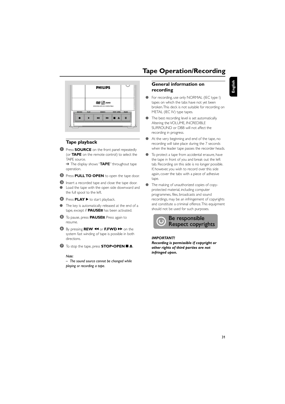 Philips MCD196 user manual Tape Operation/Recording, Tape playback, General information on recording 