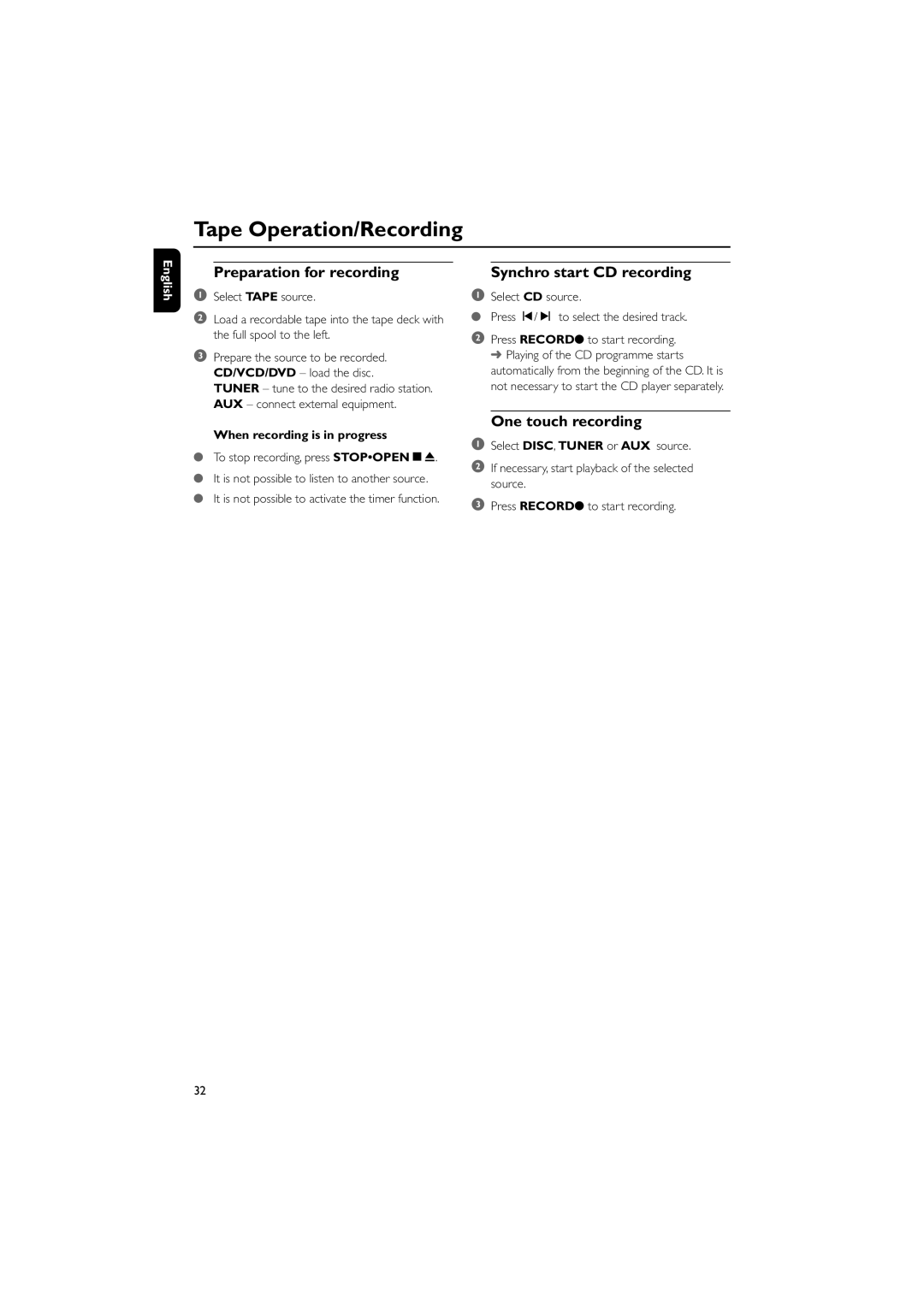 Philips MCD196 Preparation for recording, Synchro start CD recording, One touch recording, When recording is in progress 