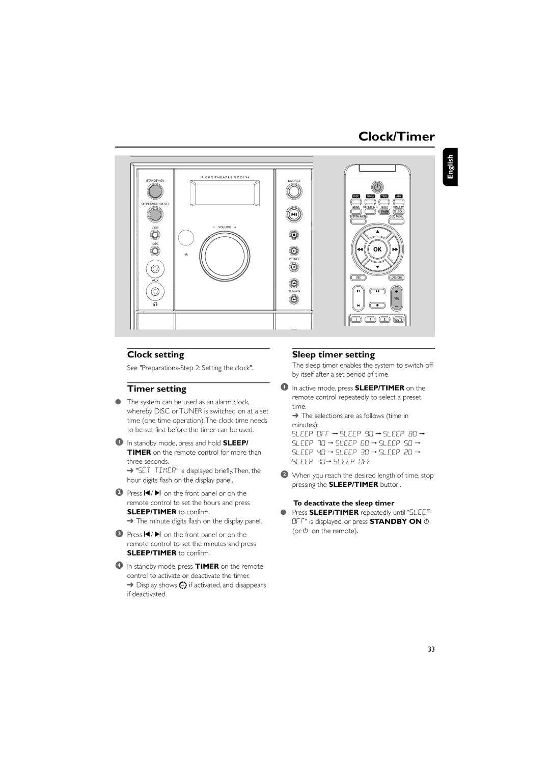 Philips MCD196 user manual Clock/Timer, Clock setting, Timer setting, Sleep timer setting, To deactivate the sleep timer 