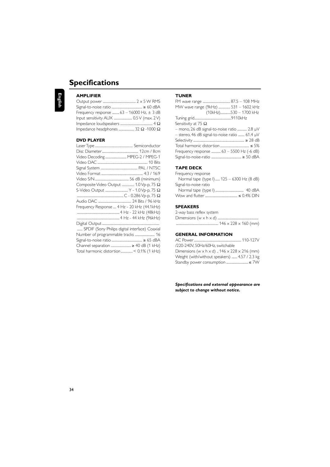 Philips MCD196 user manual Specifications 