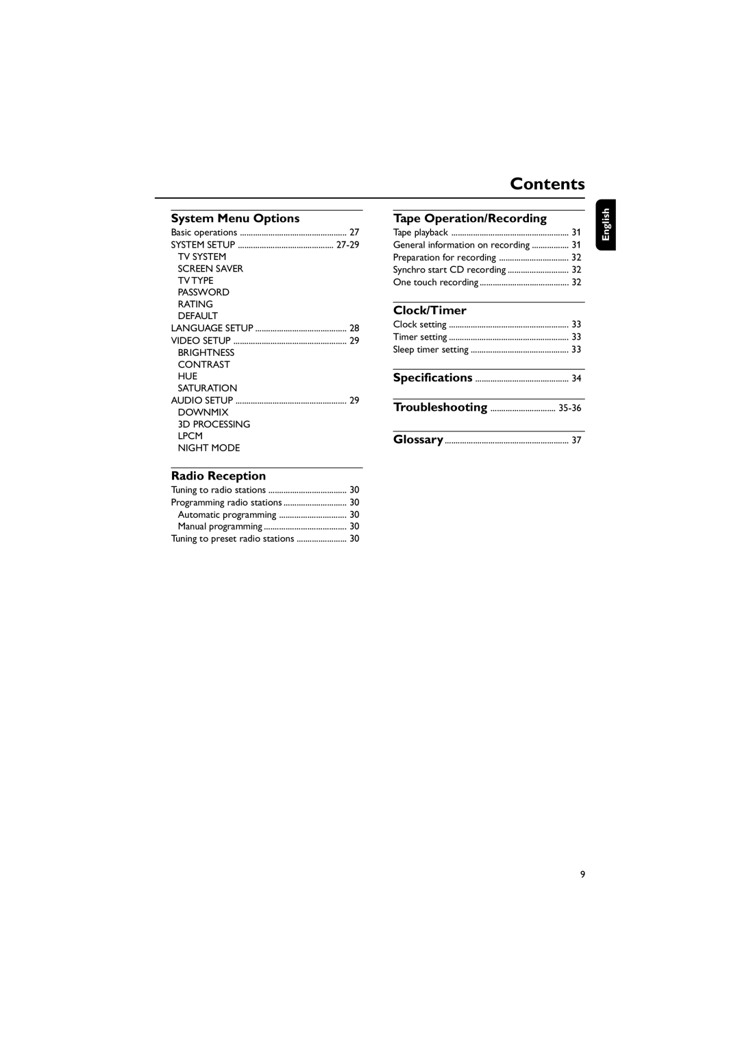 Philips MCD196 user manual System Menu Options, Tape Operation/Recording, Clock/Timer 