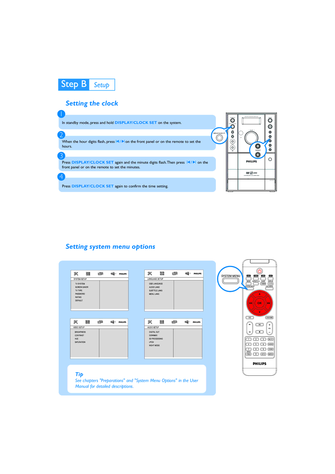 Philips MCD196/79 quick start Setting the clock, Setting system menu options 