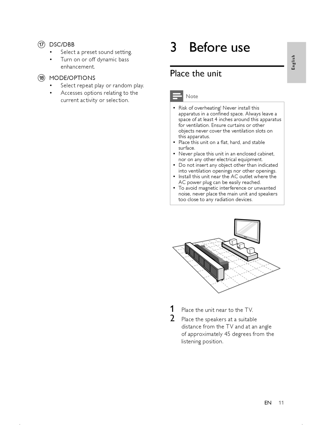 Philips MCD2010 user manual Before use, Place the unit, Dsc/Dbb, Mode/Options, Select repeat play or random play 