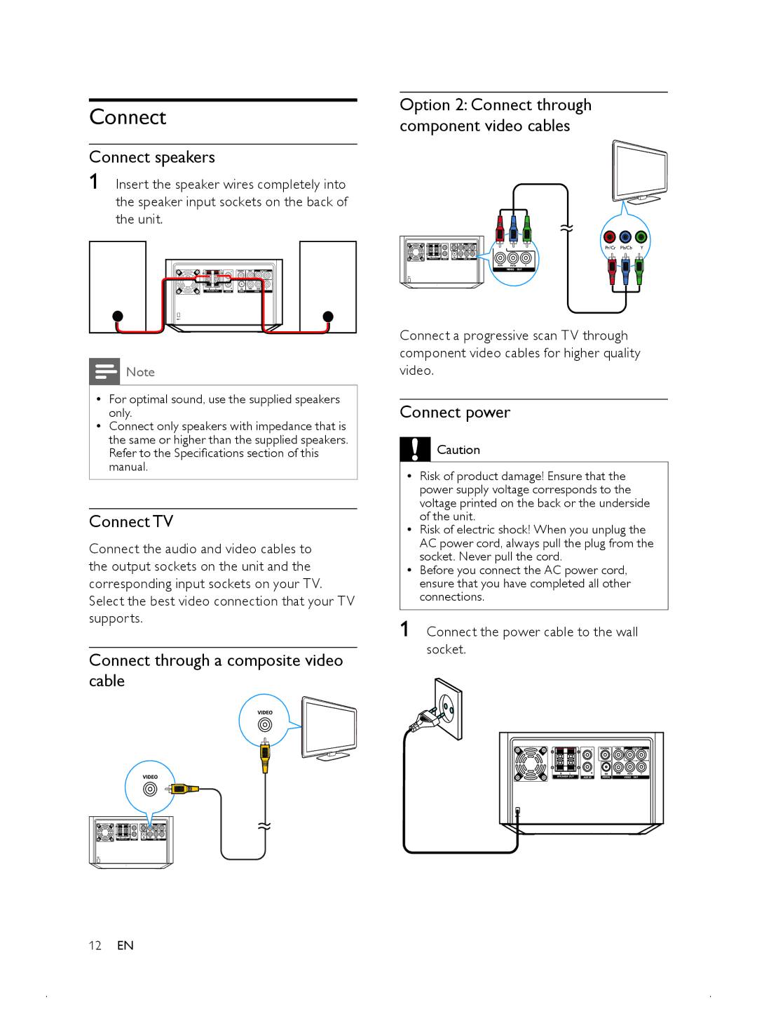 Philips MCD2010 user manual Connect speakers, Connect TV, Connect through a composite video cable, Connect power 