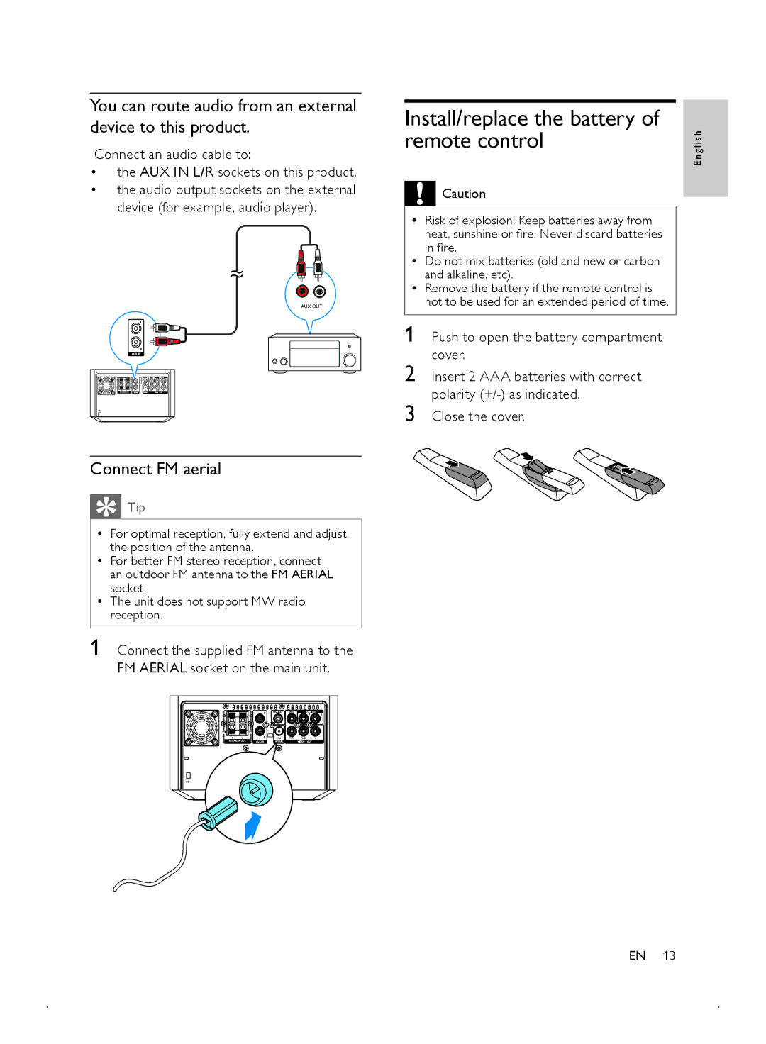 Philips MCD2010 Install/replace the battery of remote control, You can route audio from an external device to this product 