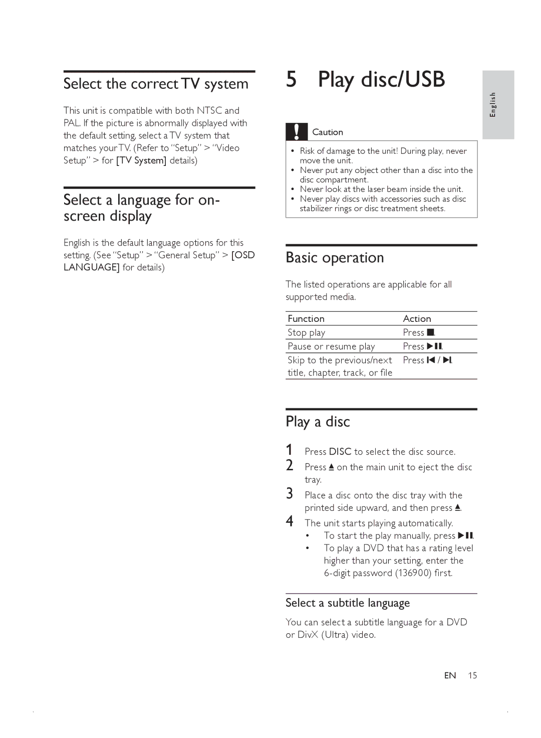 Philips MCD2010 Play disc/USB, Select the correct TV system, Select a language for on- screen display, Basic operation 