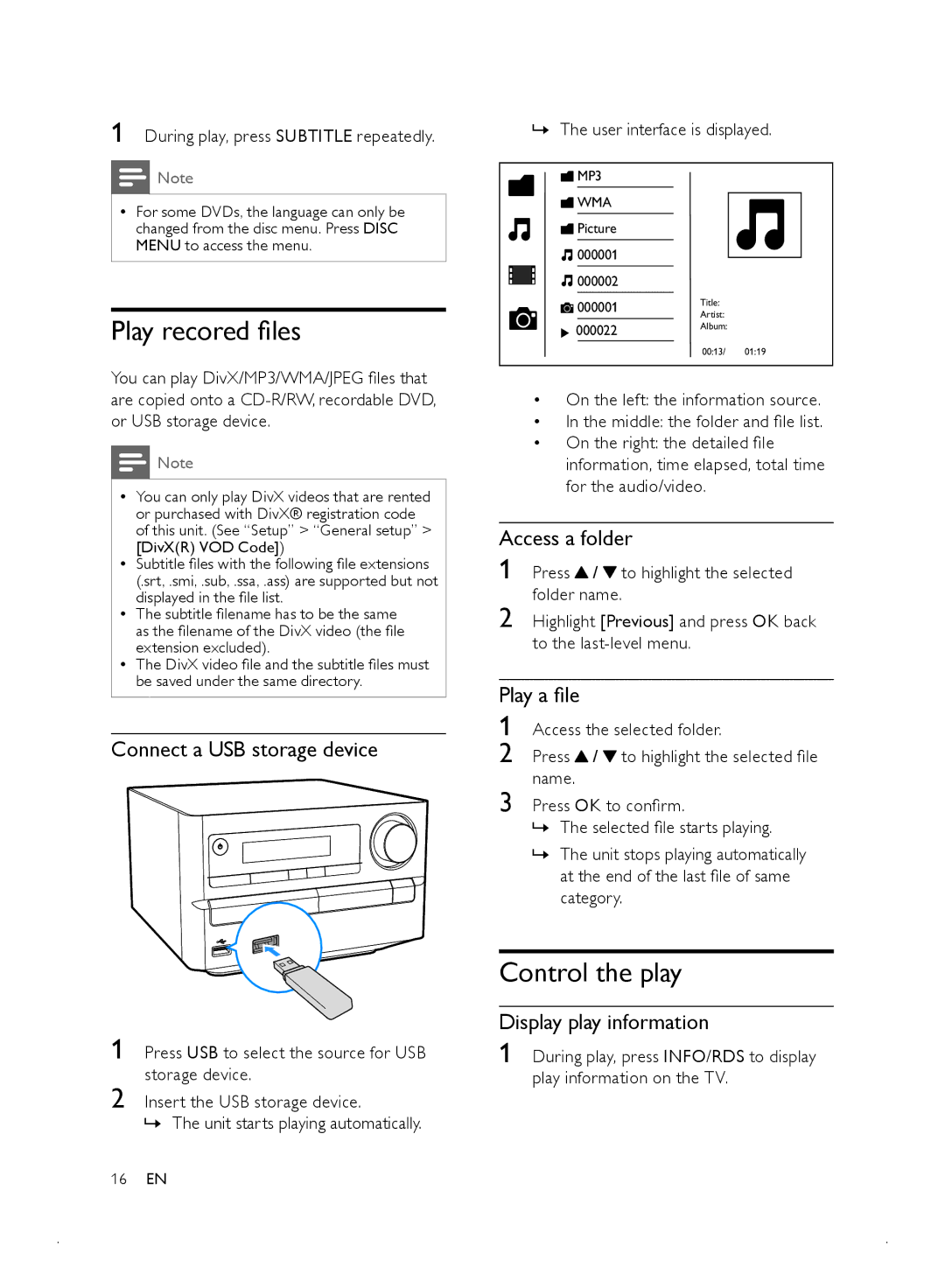 Philips MCD2010 user manual Play recored files, Control the play 