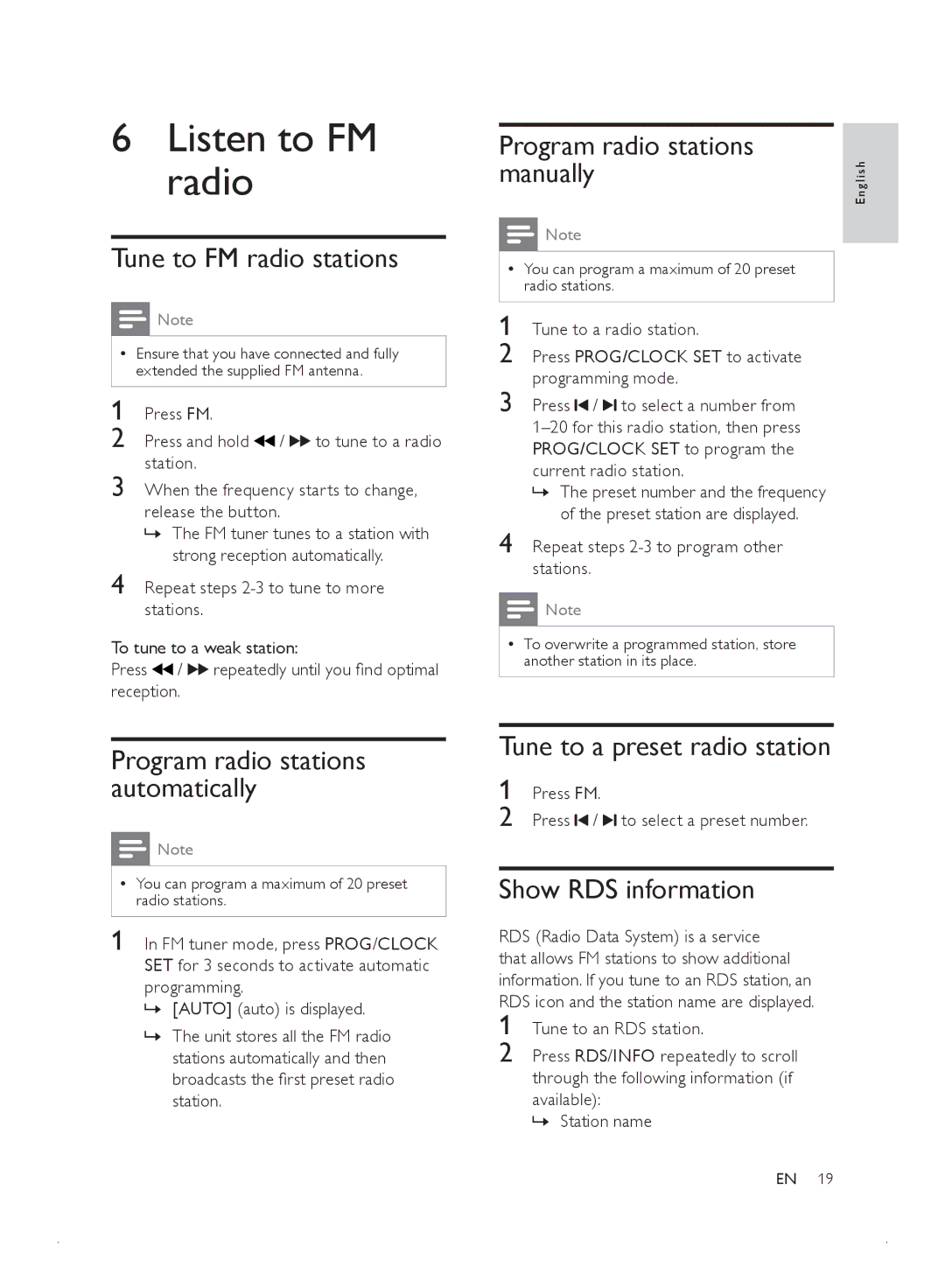 Philips MCD2010 user manual Listen to FM radio, Tune to FM radio stations, Program radio stations manually 