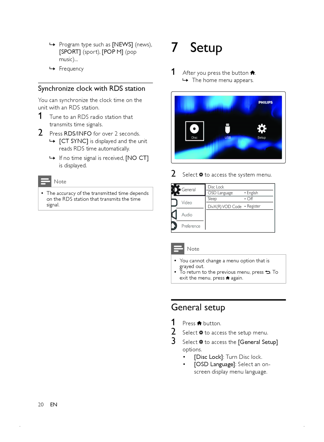 Philips MCD2010 user manual Setup, General setup, Synchronize clock with RDS station, Select to access the system menu 