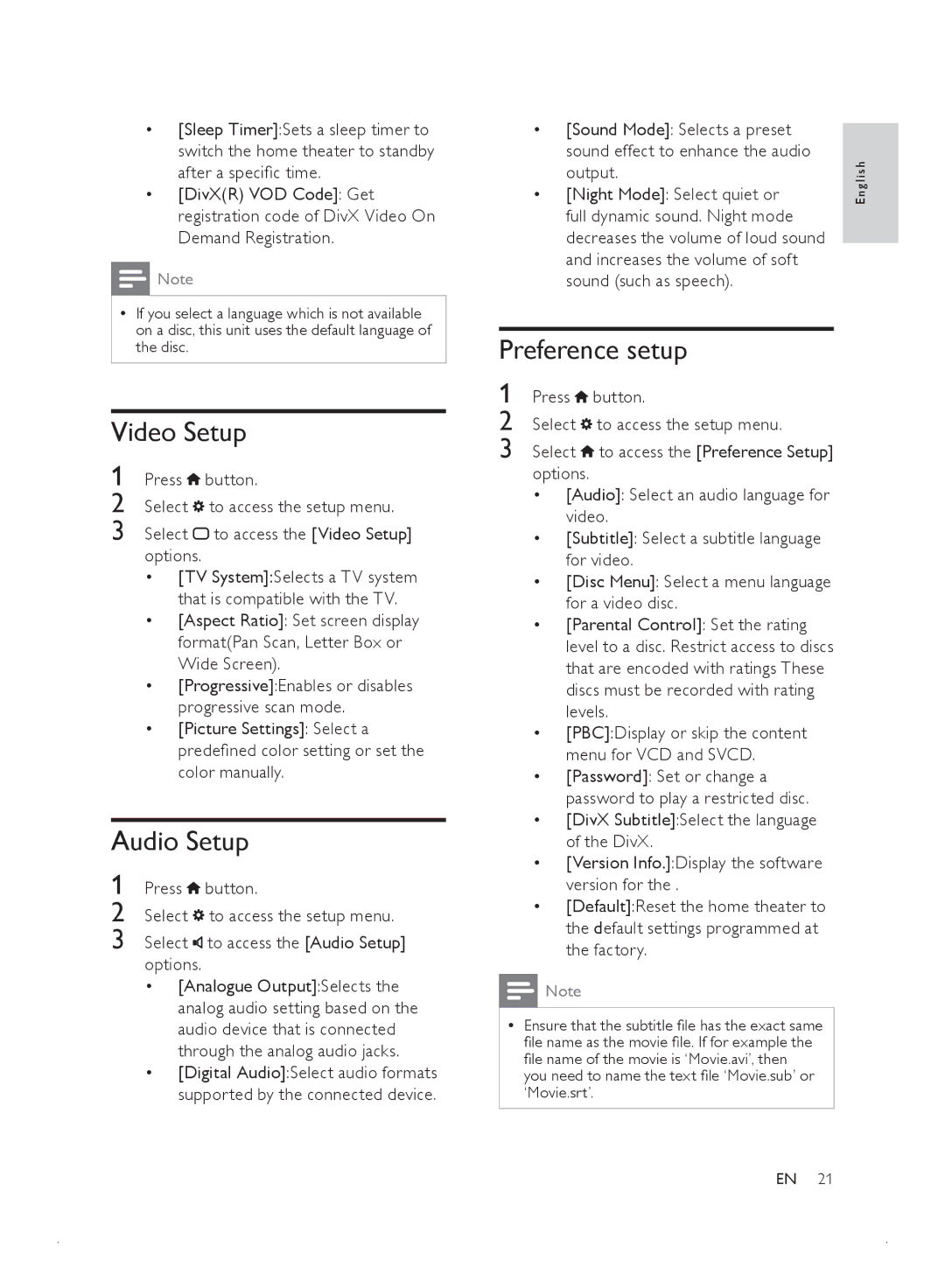 Philips MCD2010 user manual Video Setup, Audio Setup, Preference setup 