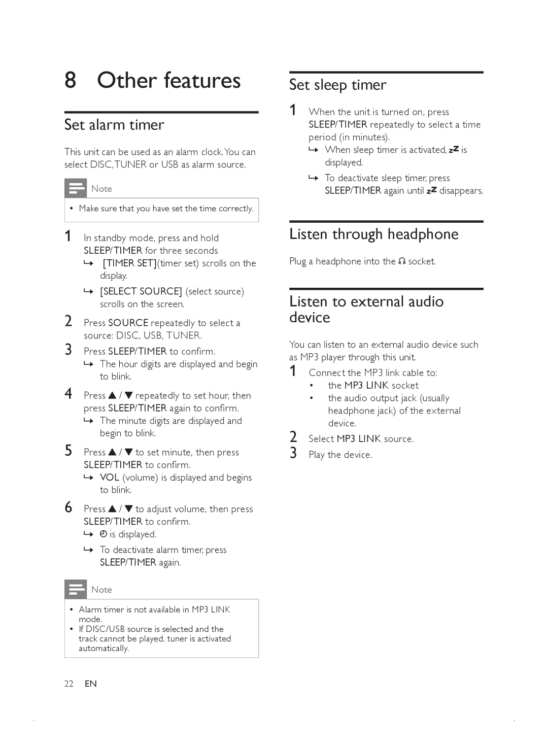 Philips MCD2010 user manual Other features, Set alarm timer, Set sleep timer, Listen through headphone 