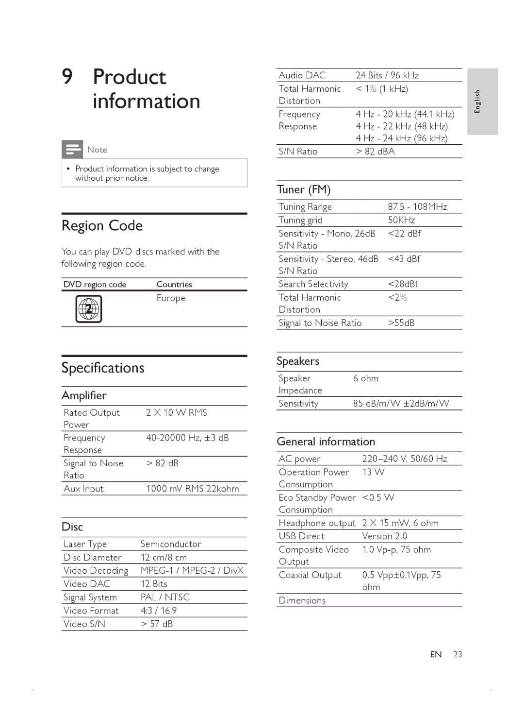 Philips MCD2010 user manual Product information, Region Code, Specifications 