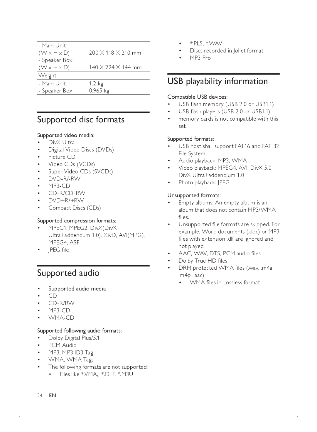 Philips MCD2010 user manual Supported disc formats, Supported audio, USB playability information 