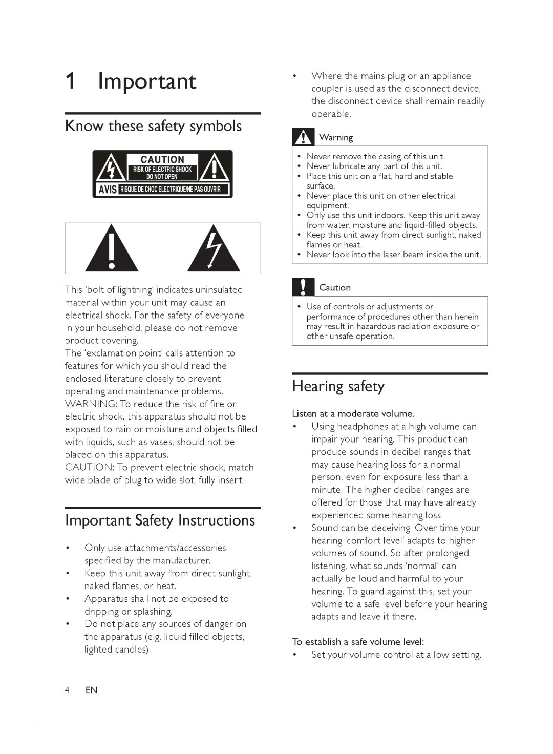 Philips MCD2010 Know these safety symbols, Important Safety Instructions, Hearing safety, Listen at a moderate volume 