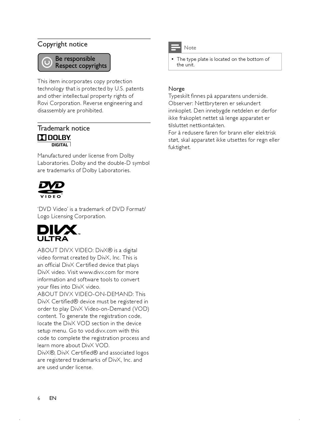 Philips MCD2010 user manual Copyright notice, Trademark notice, Norge 