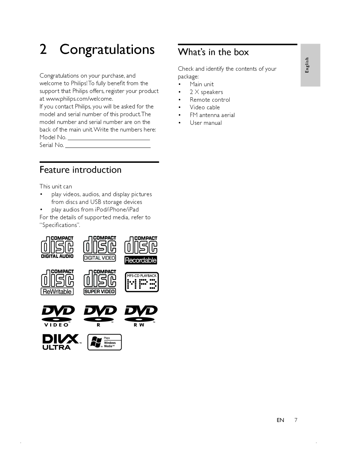 Philips MCD2010 user manual Congratulations, Feature introduction, What’s in the box, Serial No, This unit can 