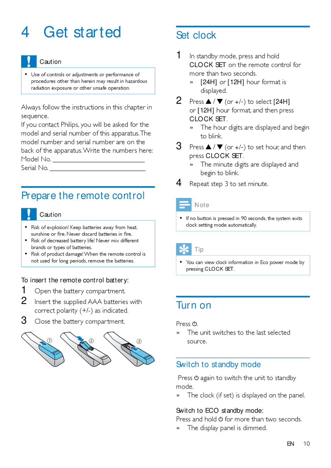 Philips MCD2160 user manual Get started, Prepare the remote control, Set clock, Turn on, Switch to standby mode 