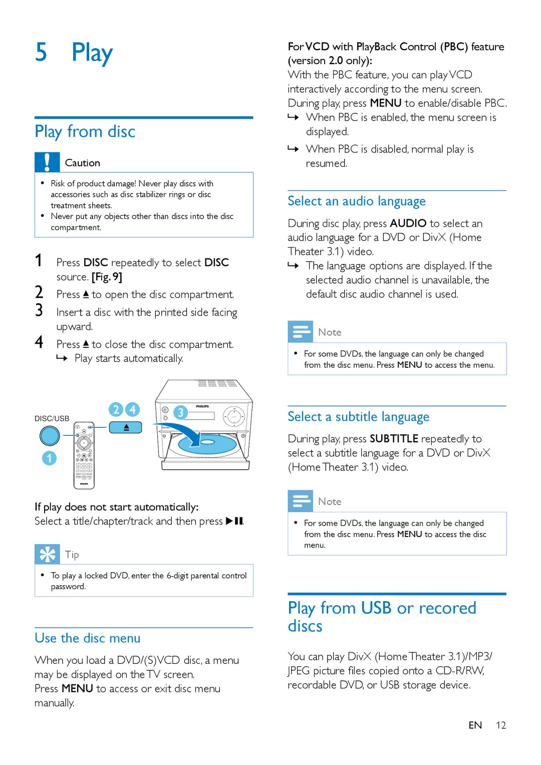 Philips MCD2160 user manual Play from disc, Play from USB or recored discs 