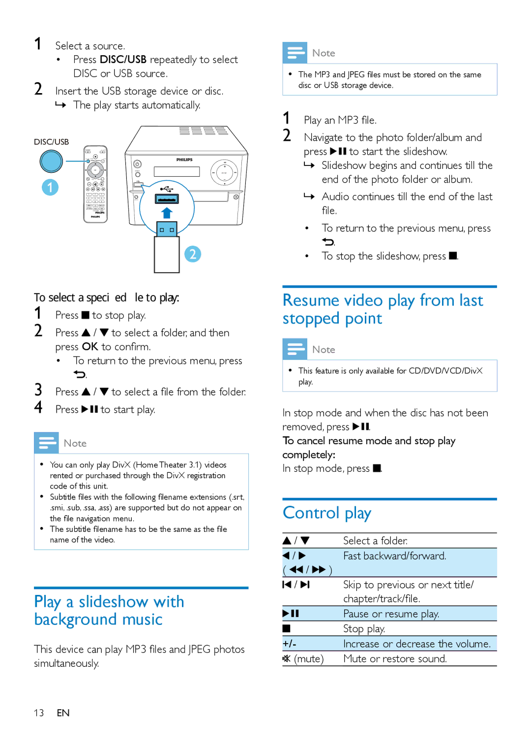 Philips MCD2160 user manual Resume video play from last stopped point, Control play 