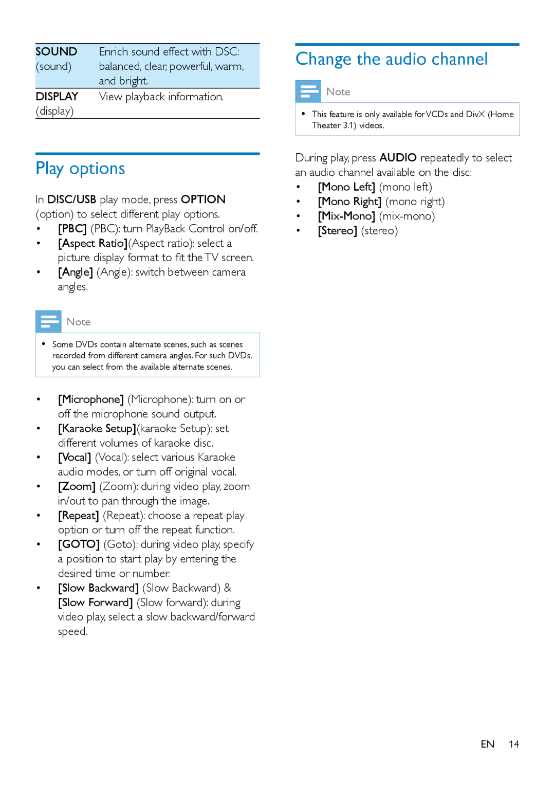 Philips MCD2160 user manual Play options, Change the audio channel, PBC PBC turn PlayBack Control on/off 