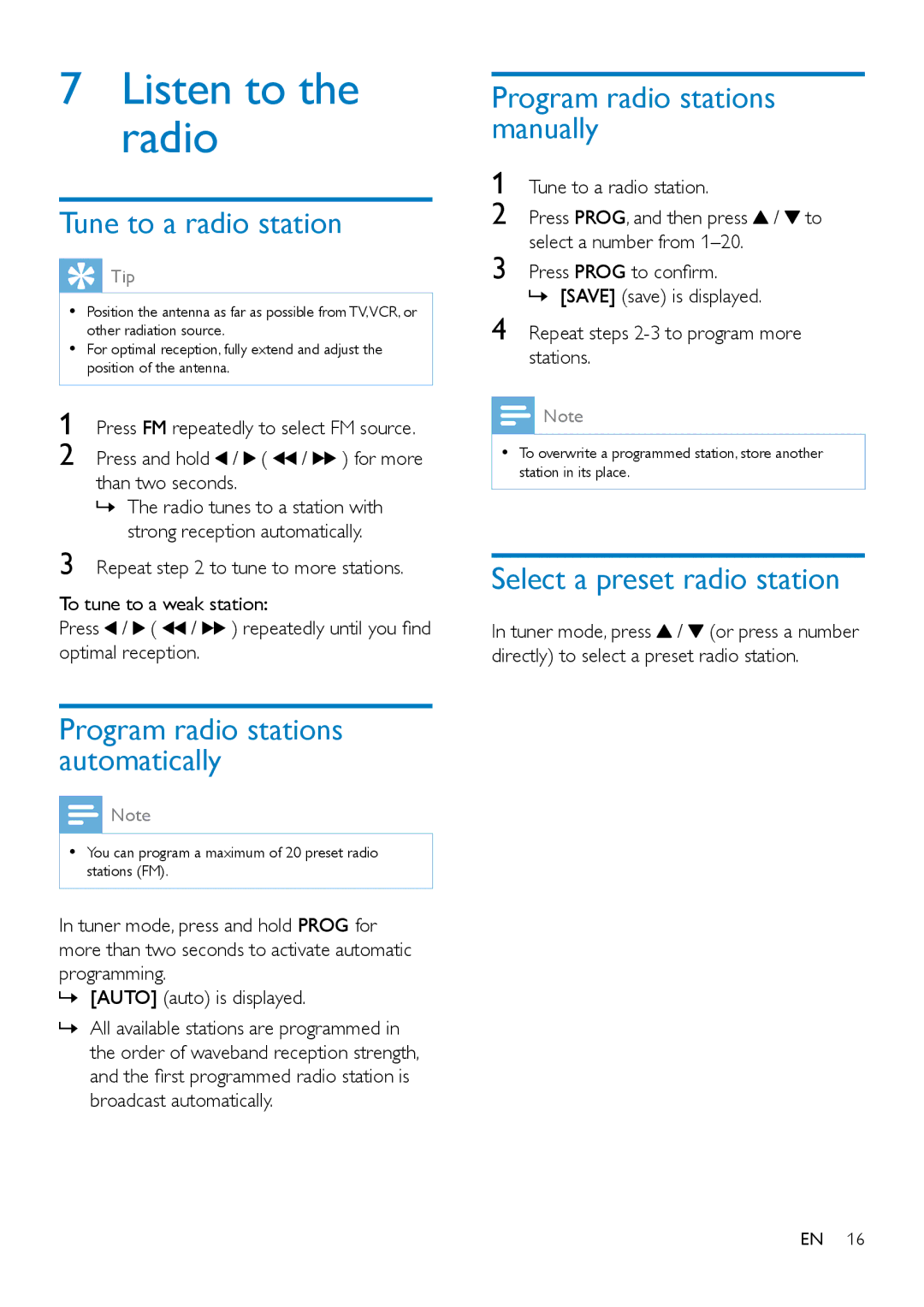 Philips MCD2160 user manual Listen to the radio, Tune to a radio station, Program radio stations automatically 