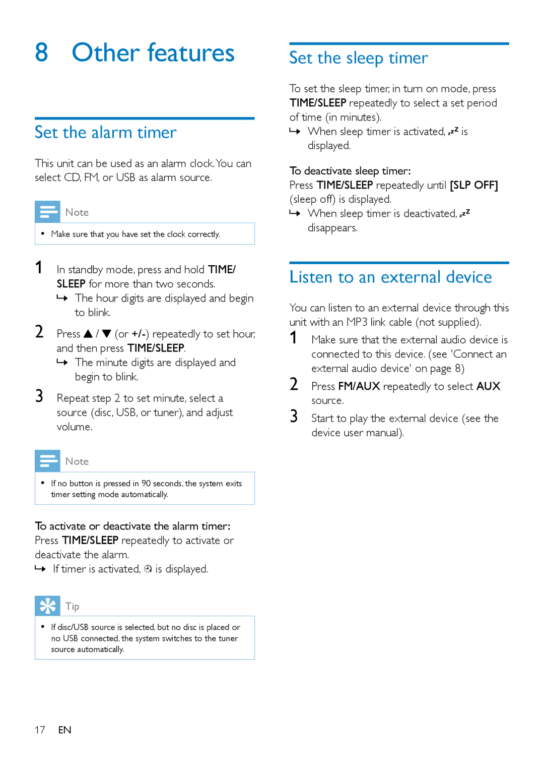 Philips MCD2160 user manual Other features, Set the alarm timer, Set the sleep timer, Listen to an external device 