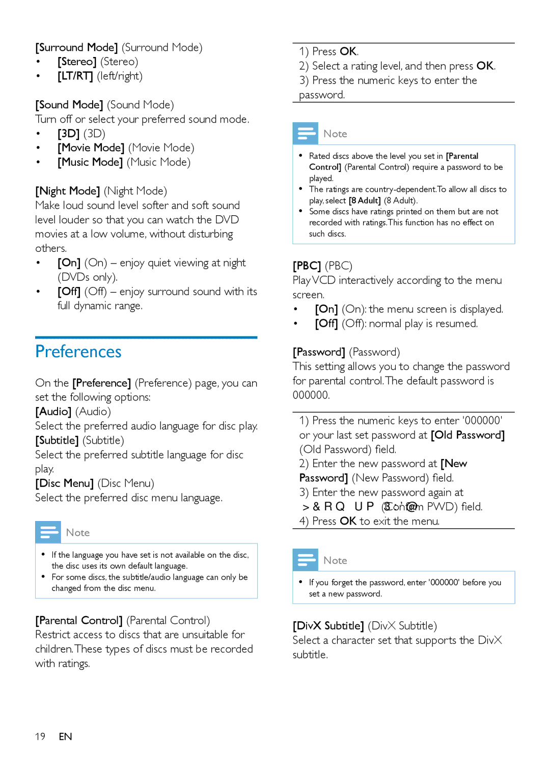 Philips MCD2160 user manual Preferences, Pbc Pbc, Old Password field 