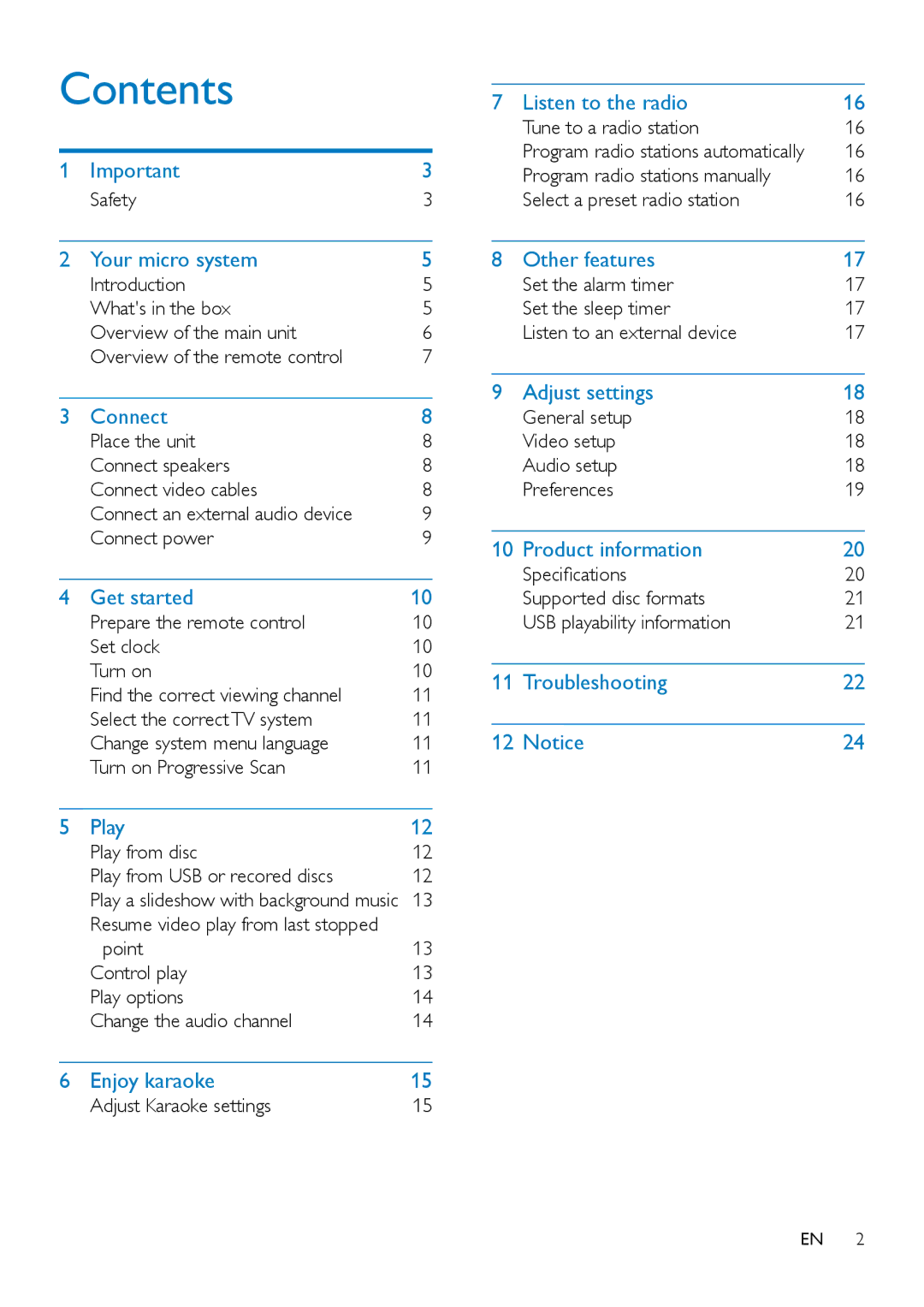 Philips MCD2160 user manual Contents 